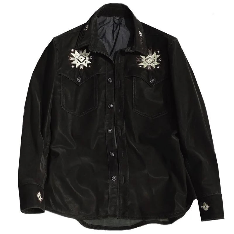 genuine leather 100% fur coat men jacket[Navajo embroidery]Light elastic velour sheepskin American western shirt