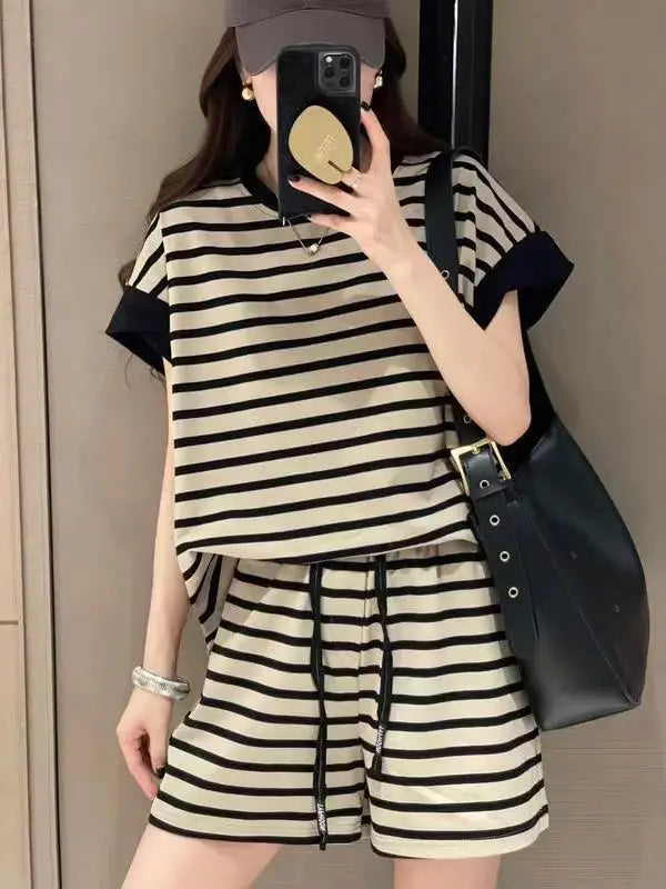 Women Striped Clothing Sets Short Sleeve T-shirt+Drawstring Shorts Two Pieces Suits Summer Loose Tracksuit Ladies Casual Outfits