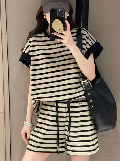 Women Striped Clothing Sets Short Sleeve T-shirt+Drawstring Shorts Two Pieces Suits Summer Loose Tracksuit Ladies Casual Outfits