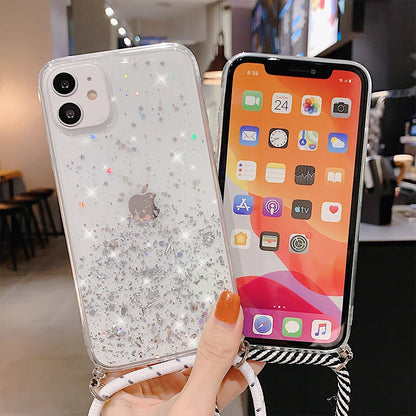 With Neck Strap Rope Cord Clear Glitter Case for iphone 11 12 13 14 15 pro max se 2 2020 2022 Crossbody Lanyard Cover Fundas