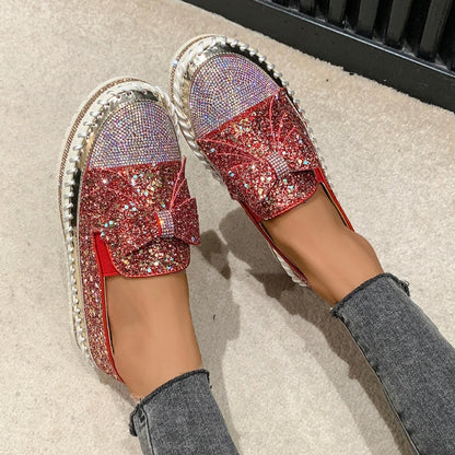 Fashion Women Shoes Shining Rhinestone Loafer Bowknot Slip-on Thick Botton Casual Ladies Crystal Female Platform Sneakers Sports