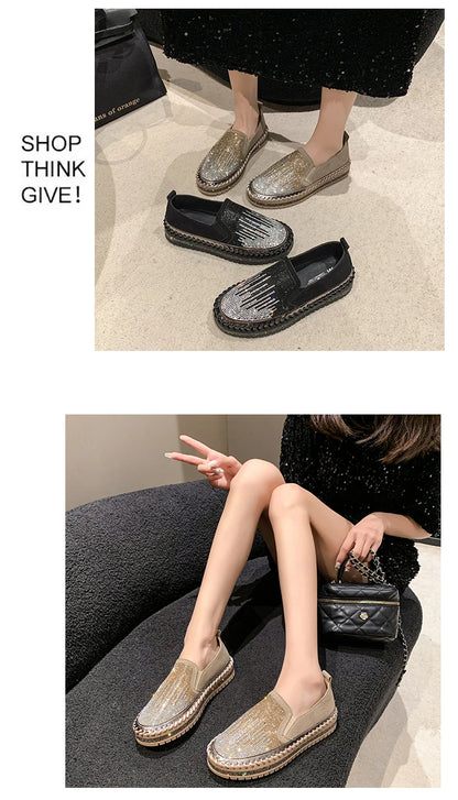 2025 New High Quality Women's Water Diamond Casual Shoes Shiny Flat Vulcanized Shoes Luxury Designer Thick Bottom Casual Shoes