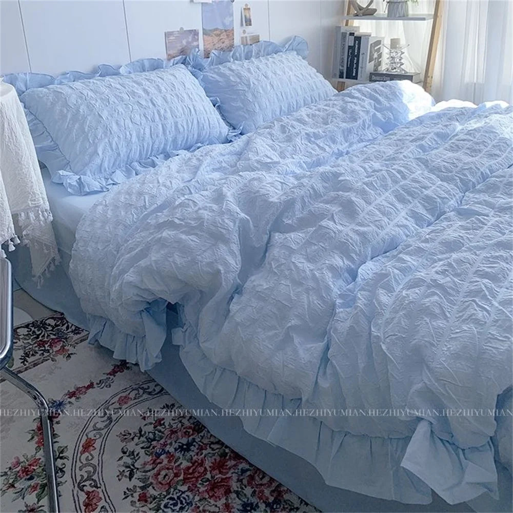 Quilt Cover INS Girl Blue Solid Color Seersucker Ruffles Lace Bedding Set Kawaii  Soft Sheet Woman Duvet Cover Pillow Covers