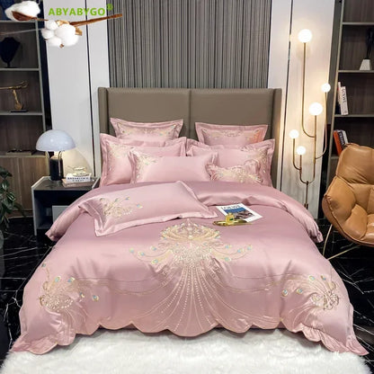 Nordic Bedding Set Luxury Gold Feather Embroidery 100 Egyptian Cotton Double Duvet Cover Bed Sheets and Pillowcases Bed Set