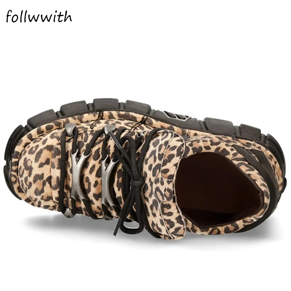 Leopard Metal Buckle Lace Up Casual Shoes Women Round Toe 5cm Platform Punk Shoes 2024 Spring Autumn Newest Fashion Shoes