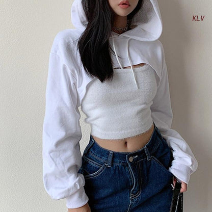 Womens Long Sleeve Cropped Hoodies Sweatshirt Aesthetic Punk Hip-Hop Dance Plain Sexy Rave Cutout Loose Super Crop Top