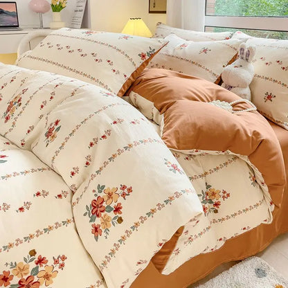 Bedding Set INS Girls Cherry  Soft Washed Cotton Bed Sheet Queen King Size Duvet Set  Comforter Set Pillowcase Bed Linens