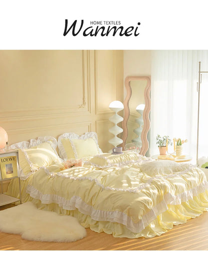 Korean Ins Bedding Set, Luxury Quilt Cover, Pillowcase Flat Bed Sheets, Simple Girl Princess Ruffle Home Textiles