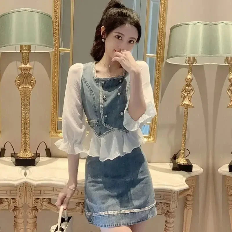 Commuting Denim Women's Two Piece Set Cotton Kawaii Office Skirt Female Outfits Formal Occasion Clothing Trend 2024 Korea Co Ord