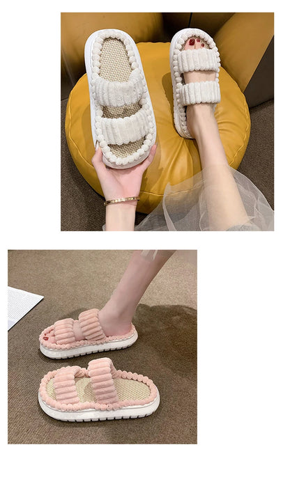 2023 Winter Solid Linen Slippers 36-45size Women Home Slippers Household Cotton Non Slip Thick Mute Shoes Couple Indoor Slipper