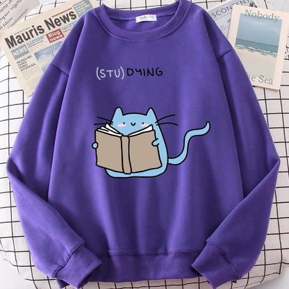 Females Sweatshirts Love Studing Cute Cat Printed Tops Womens Korean Fashion Oversize Sweater Kawaii Animal 2022 New Lady Hoodie