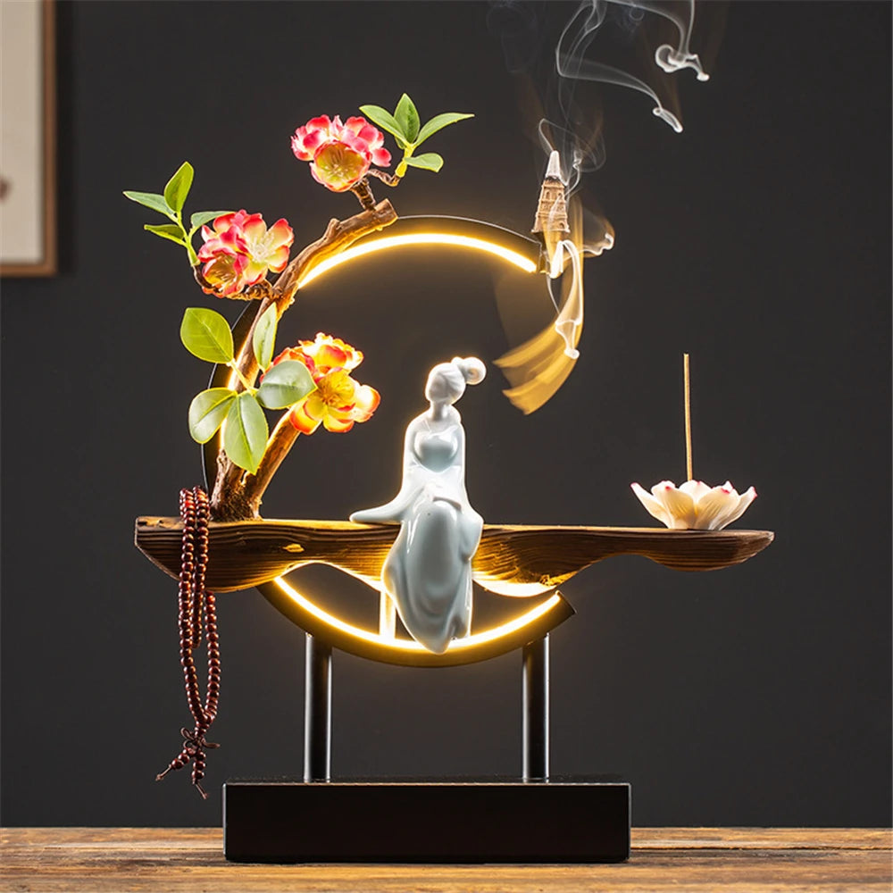 Ceramic Maid Wood Backflow Incense Burner with 20 cone USB Led Light Circle Lotus Buddha Beads Home Office Decoration Furnishing