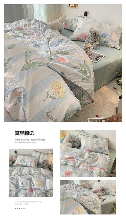 Bedding Set INS Girls Cherry  Soft Washed Cotton Bed Sheet Queen King Size Duvet Set  Comforter Set Pillowcase Bed Linens