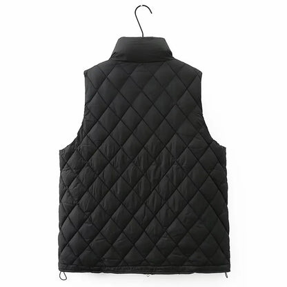 Plus Size Women's Clothing Sleeveless Cotton Coat Stand Collar Zipper Vest Quilted Thermal Vest With Center Layer  For Winter In