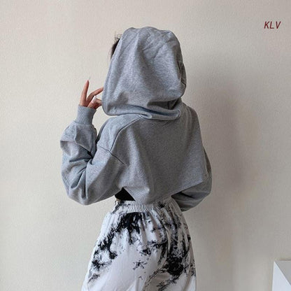 Womens Long Sleeve Cropped Hoodies Sweatshirt Aesthetic Punk Hip-Hop Dance Plain Sexy Rave Cutout Loose Super Crop Top