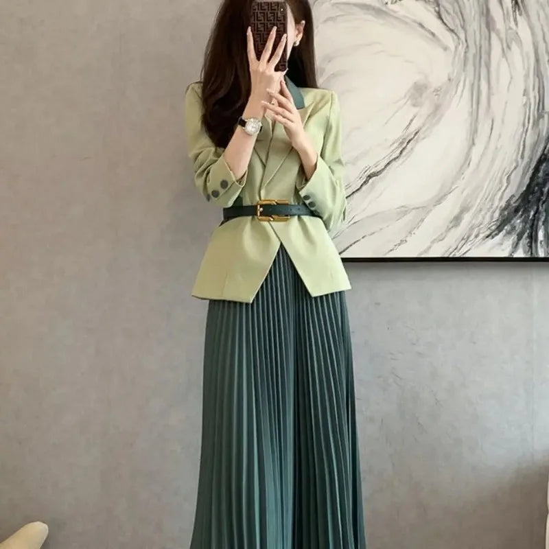 Pleated Skirt 2 Pieces Sets for Women Office Woman Outfit Midi Suits Jacket Y2k Streetwear Summer Clothes 2024 Stylish Korea