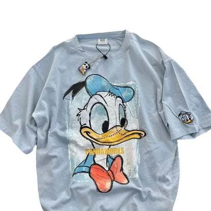 Cotton back collar summer new cartoon anime Donald Duck print round neck short sleeved T-shirt for men and women loose fit