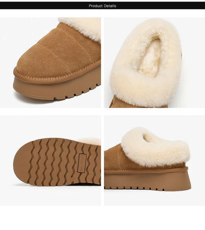 BEAUTODAY Furry Slippers Women Cow Suede Round Toe Winter Warm Plush Slip-on Ladies Concise Flats Shoes Handmade 22818