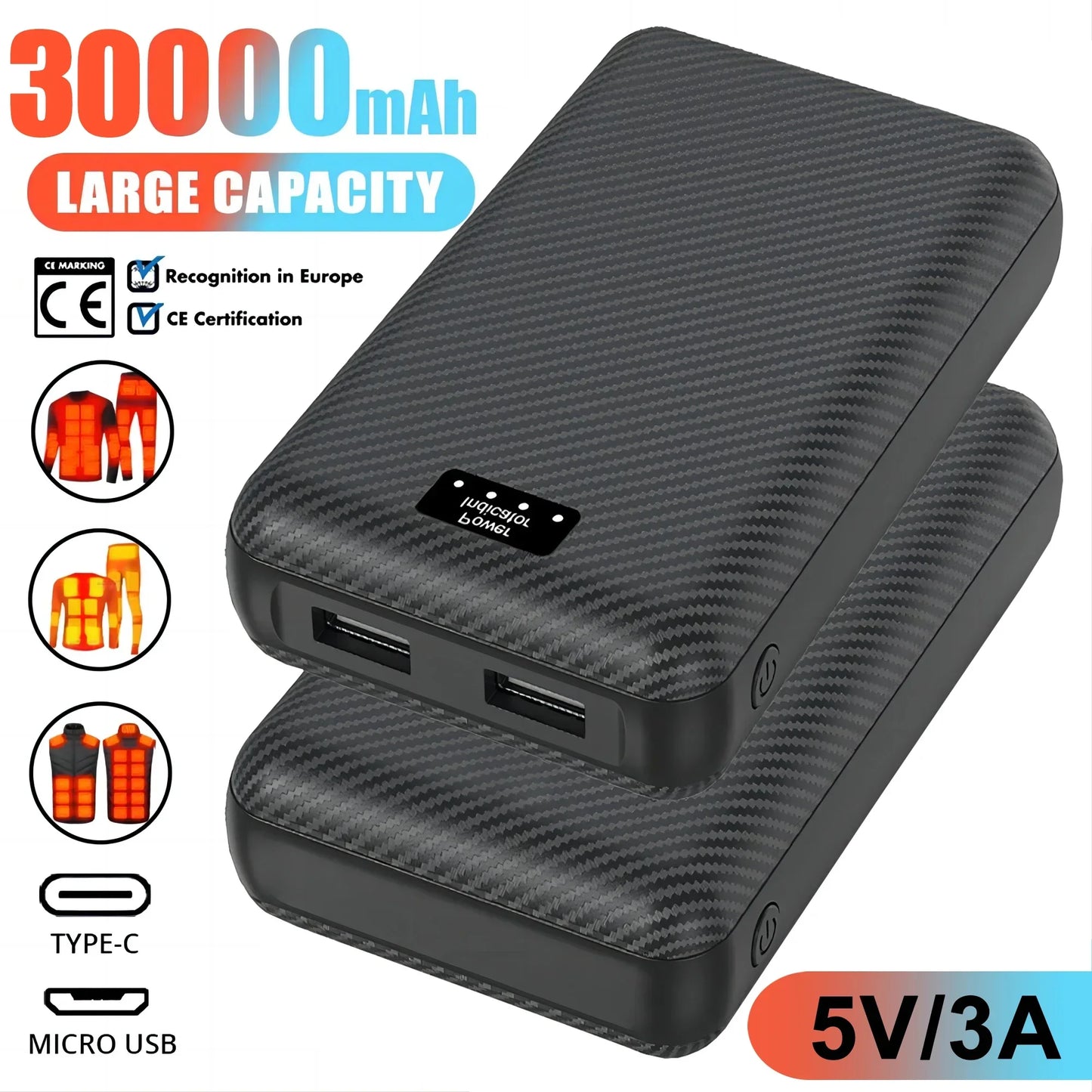 30000mAh Power Bank 5V 3A  Portable Charger Charging Power Supply Phone External Battery For Heated Vest Socks Heated Clothing