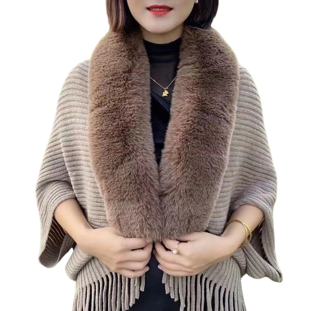 Ladies Knitted Loose Thickened Shawl Autumn Imitation Rabbit Fur Collar Sweater Winter Cardigan Knitted Wool Shawl Sweater Tops