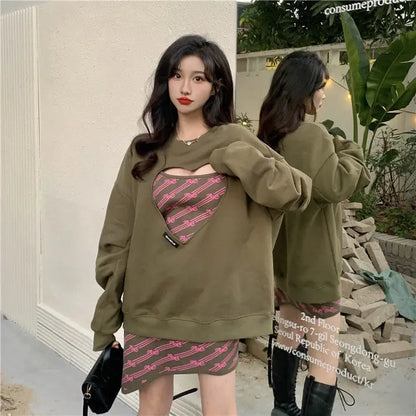 Women Clothing 2022 Spring Autumn Women Fashionable Heart Hollow Out Long Sleeve Hoodie Dress Casual Sweet Women Two Piece Set