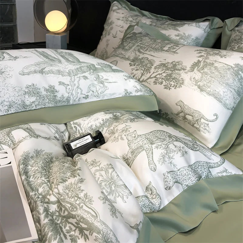 Soft Silky Skin Friendl natural Eucalyptus Fiber Lyocell Bedding Set Forest Plants Leopard Duvet Cover Set Bed Sheet Pillowcases