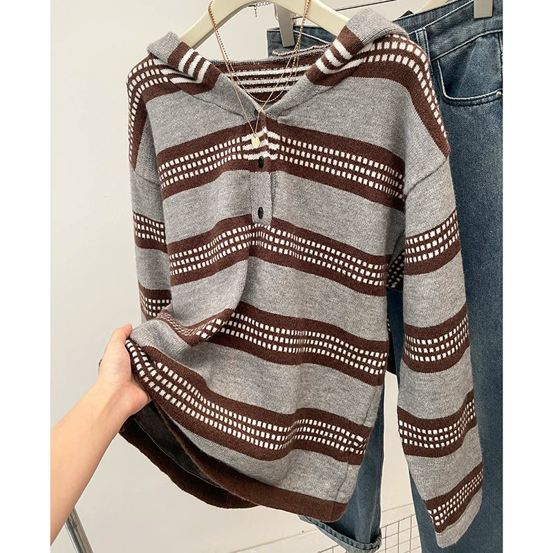 Plus Size Women's Clothing 2024 Autumn and Winter New Fashion Lazy Knit Sweater Chubby Girl Striped Hooded Sweater Jacket Coat