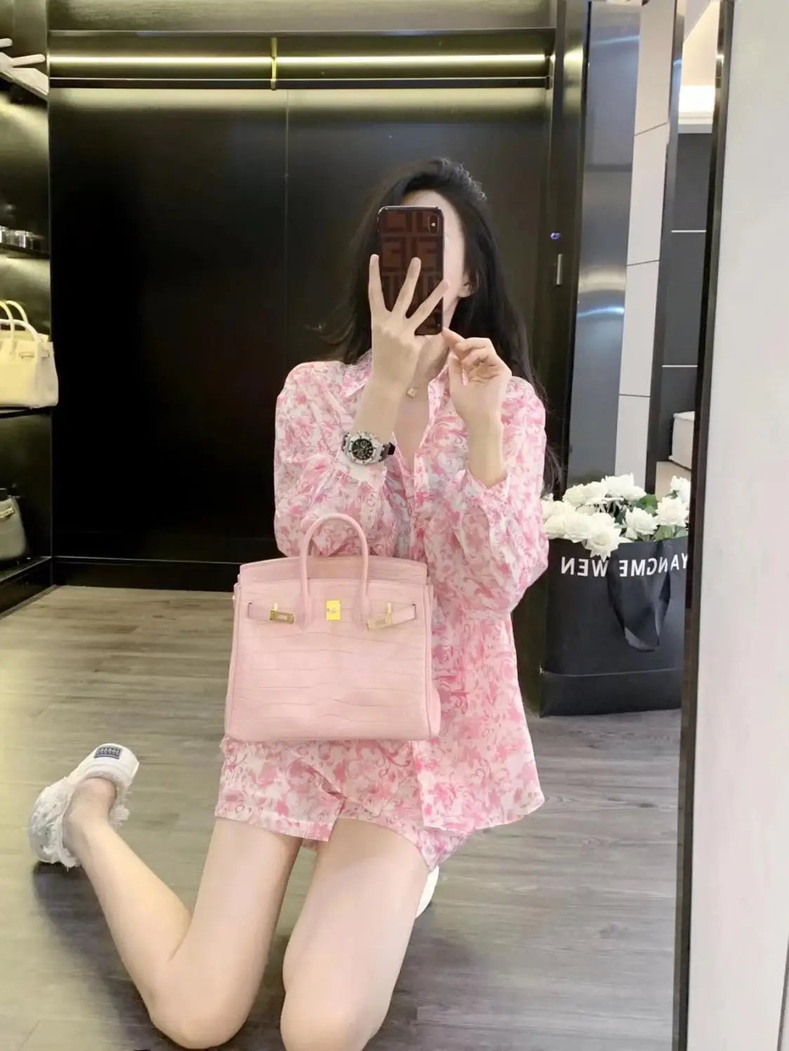 Woman Shorts Sun Protection Printing Short Sets for Women 2 Pieces Pink Korean Style New Products Stylish Chic and Elegant Full