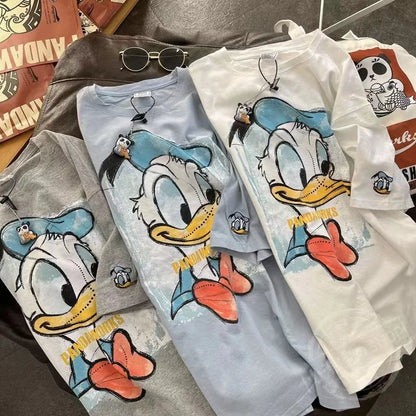 Cotton back collar summer new cartoon anime Donald Duck print round neck short sleeved T-shirt for men and women loose fit