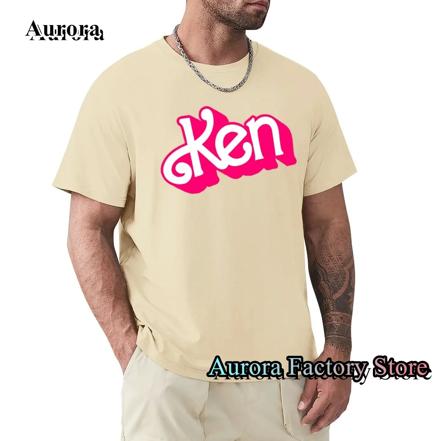 Men Summer Fashion Cotton T-Shirt Pink Ken Letter Print Tops Tees Male Casual O-Neck Clothing Short Sleeve Harajuku Streetwear