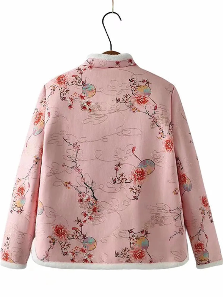 Plus Size Women's Clothing Winter Coat Warm Jacket With Chinese Style Flowers Design Thickened Coat With Cotton And Plush Inside