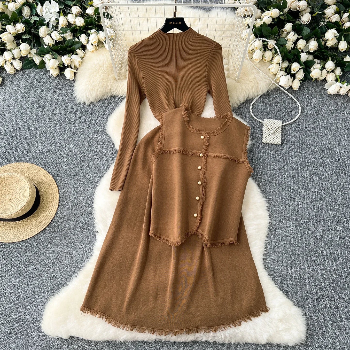 Chic Women Two-Piece Sets Basics O-neck Single Breasted Vest and Slim Long Sleeve Knit Dress French High Street Winter Clothing