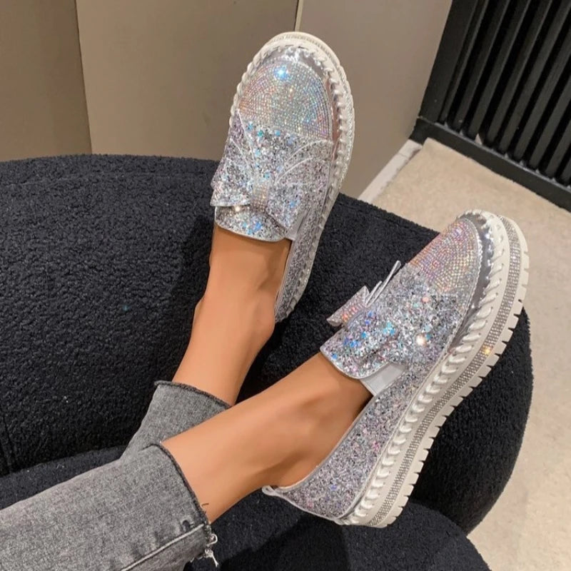 Fashion Women Shoes Shining Rhinestone Loafer Bowknot Slip-on Thick Botton Casual Ladies Crystal Female Platform Sneakers Sports