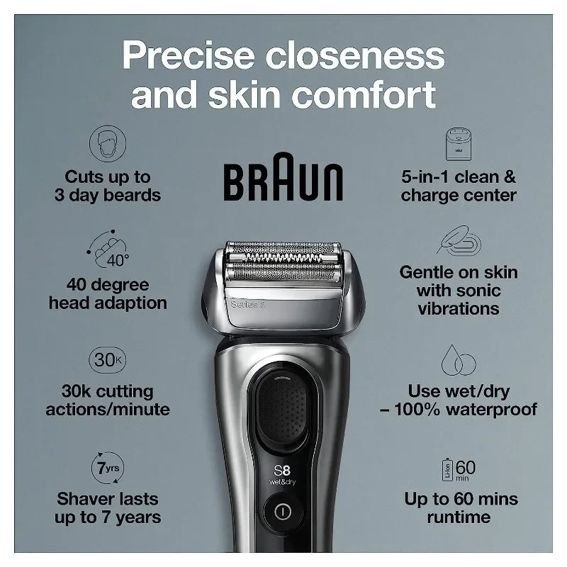 Braun Electric Razor for Men, Series 8 8467cc Electric Foil Shaver with Precision Beard Trimmer, Cleaning