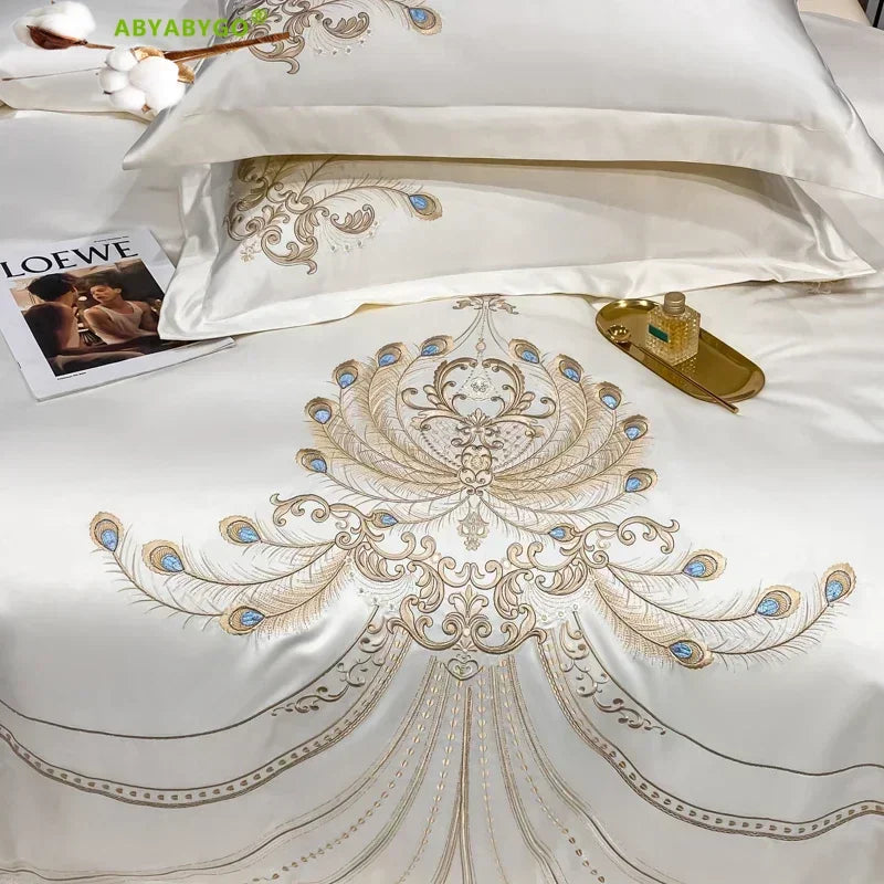 Nordic Bedding Set Luxury Gold Feather Embroidery 100 Egyptian Cotton Double Duvet Cover Bed Sheets and Pillowcases Bed Set