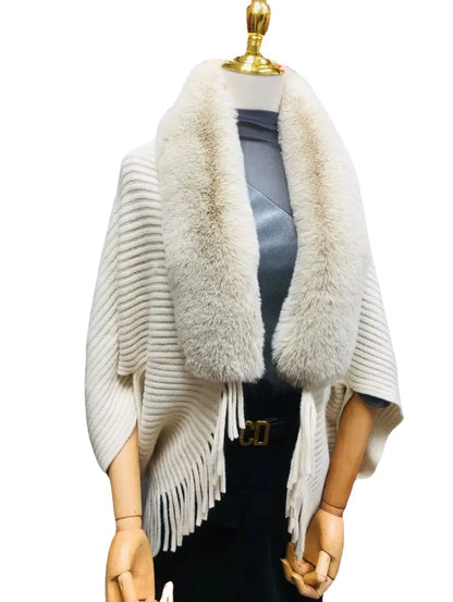 Ladies Knitted Loose Thickened Shawl Autumn Imitation Rabbit Fur Collar Sweater Winter Cardigan Knitted Wool Shawl Sweater Tops