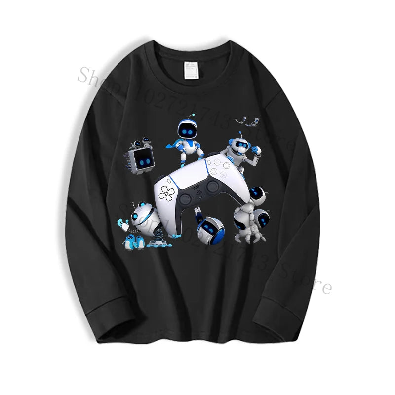 Astro Bot Adult Long Sleeved T-shirt Anime Fashion Black White Top Men Women Winter Travel Hip Hop Clothing Versatile Undershirt