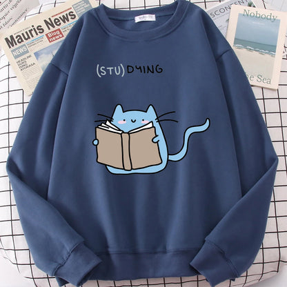 Females Sweatshirts Love Studing Cute Cat Printed Tops Womens Korean Fashion Oversize Sweater Kawaii Animal 2022 New Lady Hoodie