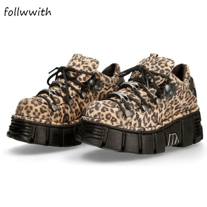 Leopard Metal Buckle Lace Up Casual Shoes Women Round Toe 5cm Platform Punk Shoes 2024 Spring Autumn Newest Fashion Shoes