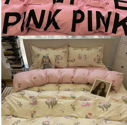 Fashion Style Pink Black Bedding Set Soft Floral Duvet Cover Pillowcase Bed Flat Sheet Set for Girl Full Queen Twin Bed Linen