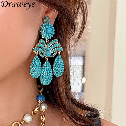 Draweye Turquoise Earrings for Women Vintage Tassels Hyperbole Elegant Jewelry Fashion Beach Style Aretes De Mujer