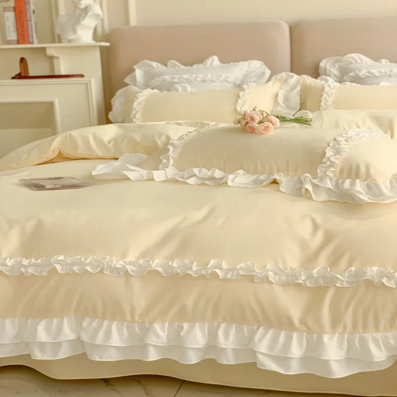 Elegant Lace Bedding Sets Luxury Bed Linen Princess Washed Cotton Ruffle Duvet Cover Bed Sheet and Pillowcases for Girl Luxury