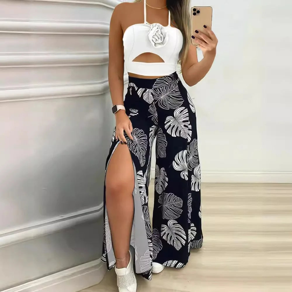 Women's 2pcs Clothing Set Halter Top Sleeveless Cami Tanks Slit Floral Leaves Printed Skirt Suit Summer