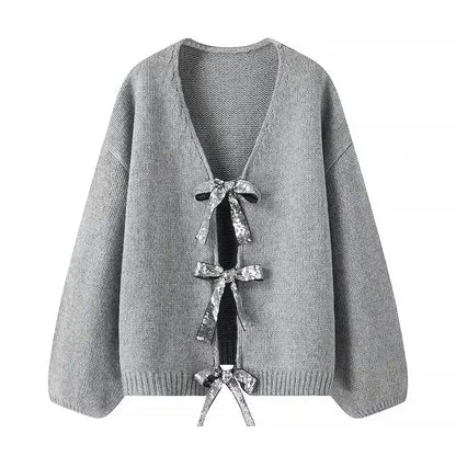 Plus Size Women Clothing Sweater Spring And Autumn Sweater Cardigan Collarless Long Sleeves And Placket With Sequined Bow