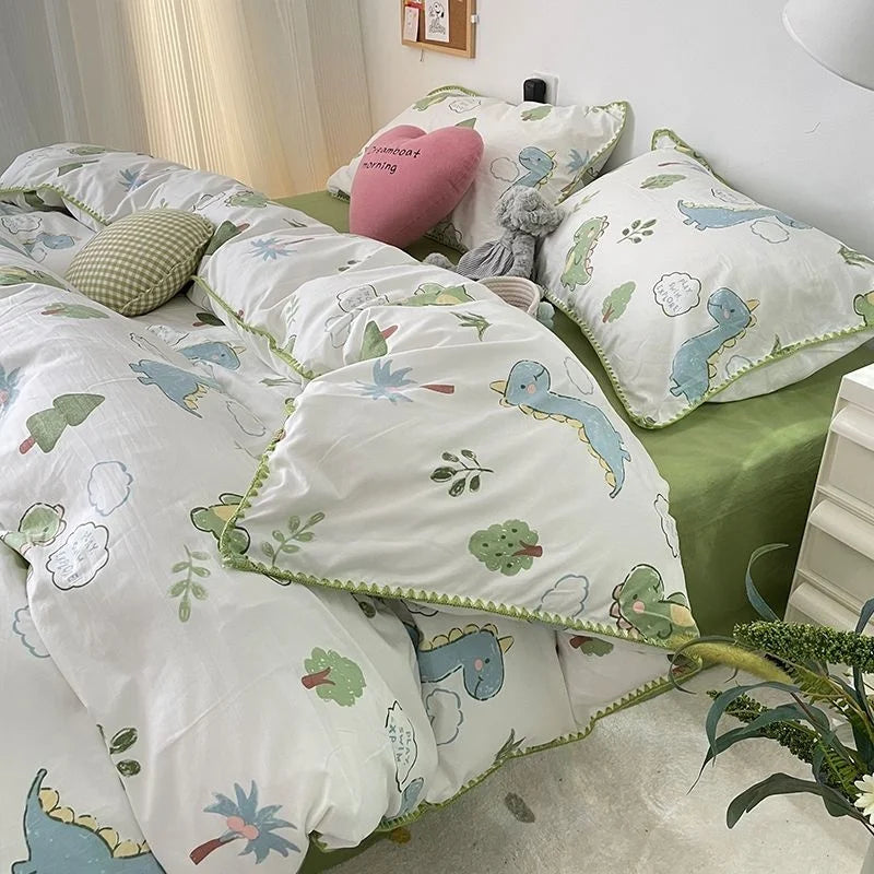 Bedding Set INS Girls Cherry  Soft Washed Cotton Bed Sheet Queen King Size Duvet Set  Comforter Set Pillowcase Bed Linens