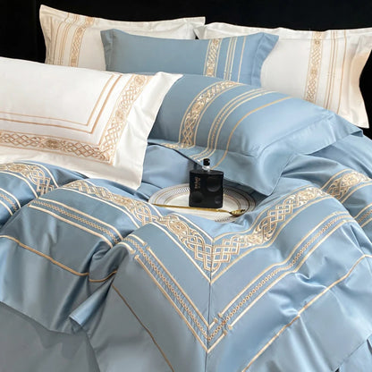 100% Egyptian Cotton Luxury Gold Embroidery Hotel Style Bedding White Grey Duvet Cover Set Fitted Sheet Bed Sheet Pillowcases