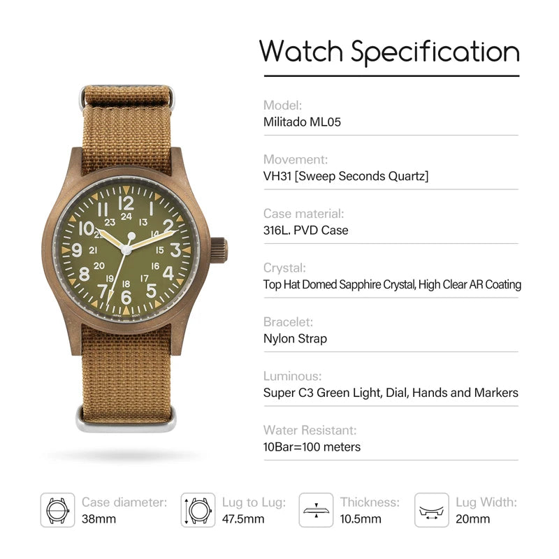 Militado ML05 38mm Men Watch VH31 Quartz Military Watches Domed Sapphire AR Coating 100m Waterproof Stainless Steel Wristwatch