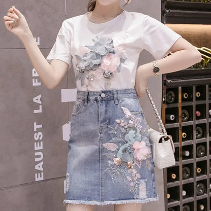 Kawaii Sequin Short Sleeve Skirt Woman Outfit Denim 2 Pieces Sets for Women Lightly Cooked Korea Luxury Designer Clothing Co Ord