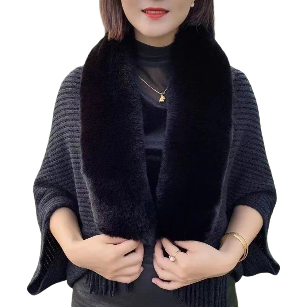 Ladies Knitted Loose Thickened Shawl Autumn Imitation Rabbit Fur Collar Sweater Winter Cardigan Knitted Wool Shawl Sweater Tops