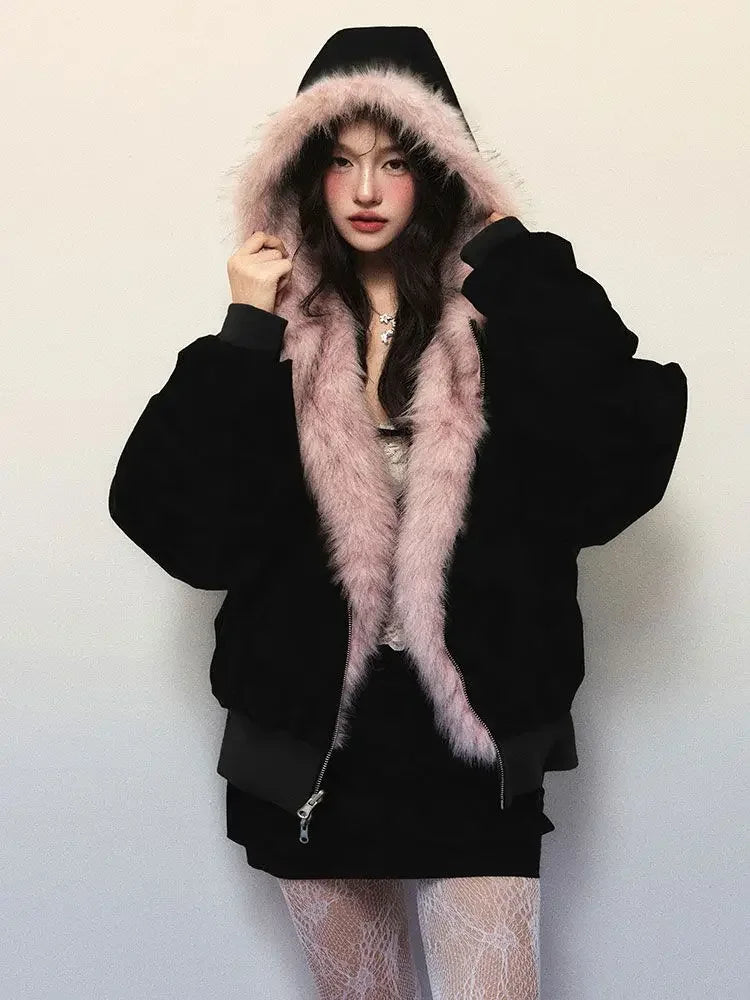 New Winter American Retro Pink Fur Hooded Workwear Thickened Short Jacket Skirt Two-piece Suit for Women